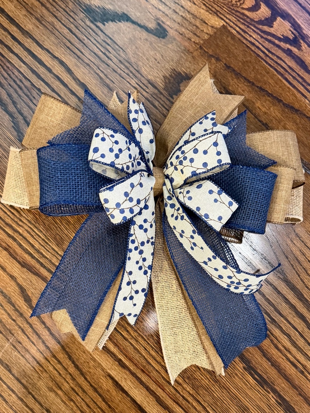 Navy and Natural Burlap Holiday Bow Wreath Accent